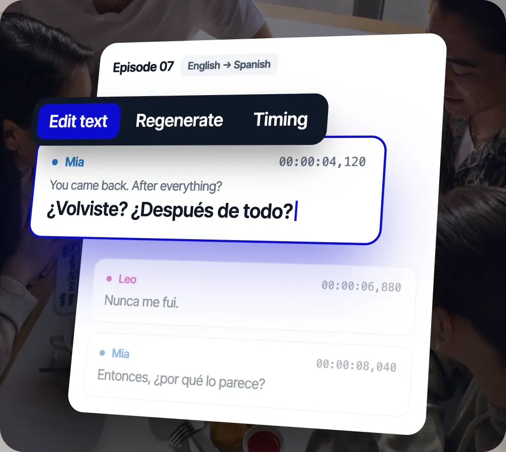 Rask line editor for Episode 07, English to Spanish: a line by Mia is being edited, with Edit text, Regenerate and Timing actions