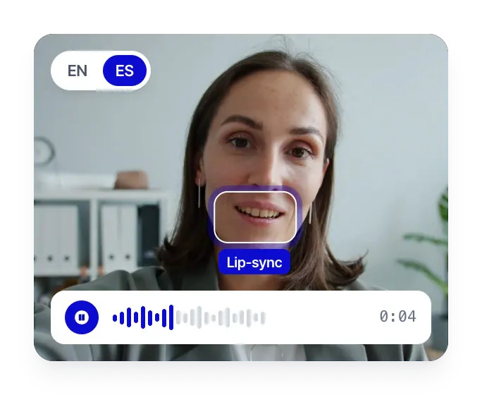 Lip-sync applied to a Spanish dub: the speaker’s mouth is highlighted while the dubbed line plays