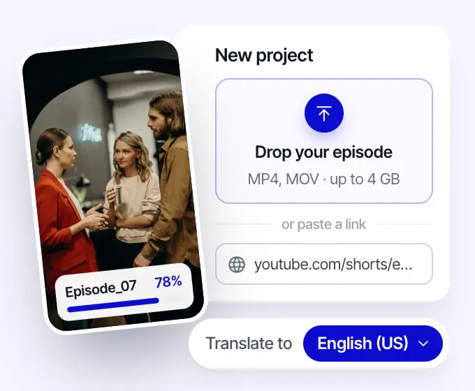 Rask new project screen: a short drama episode uploading at 78%, with the target language set to English (US)